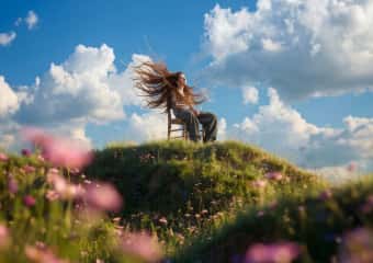 Person sitting on a grassy hill under a bright cloudy sky