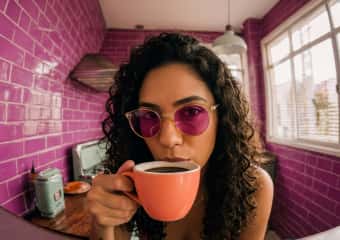 Woman wearing pink sunglasses and holding a coffee mug
