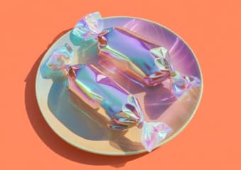 Iridescent candies on a peach plate
