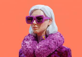 Low-poly portrait of a woman with purple sunglasses on an orange background