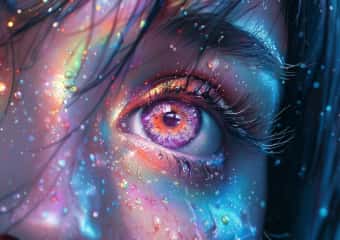 Close-up eye with colorful glitter and neon reflections