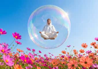 Person meditating inside a bubble above a flower field
