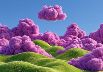 Green hills with purple cloud-like trees